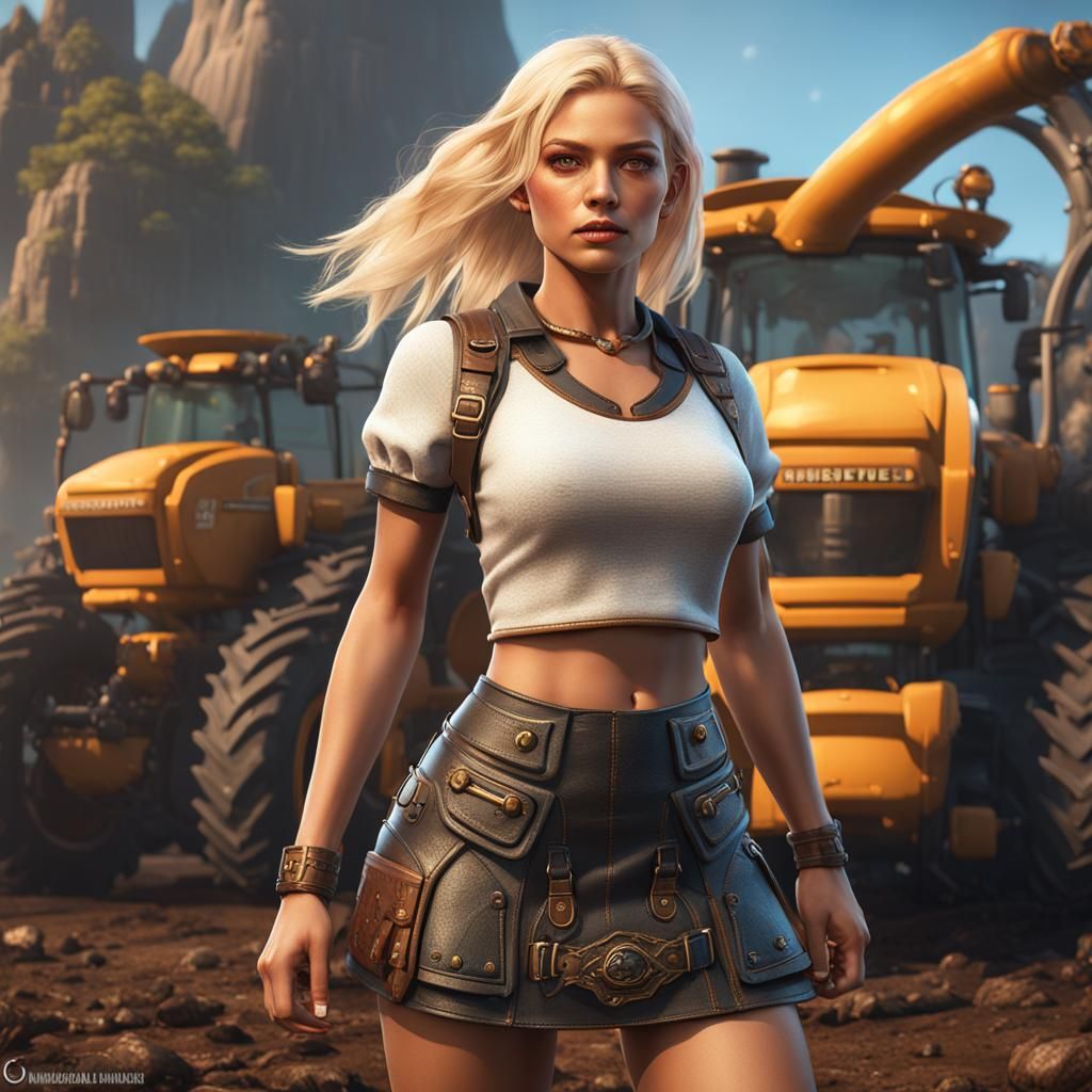 Blonde Model with Harvesters: Detailed Matte Painting