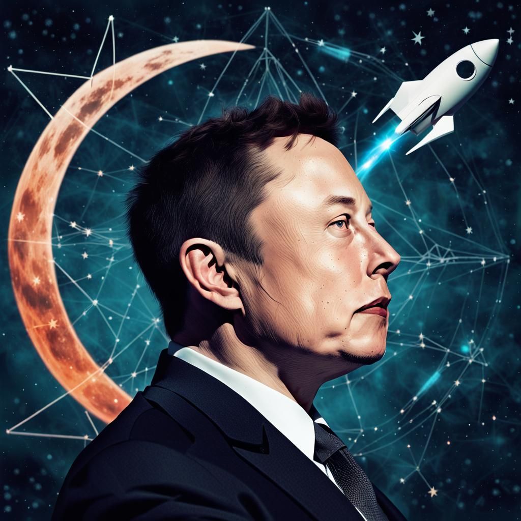 Surreal Double Exposure: Elon Musk, Moon, and Stars