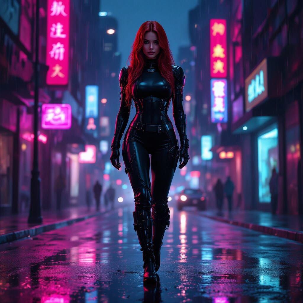 Cyberpunk Woman with Red Hair in Neon City