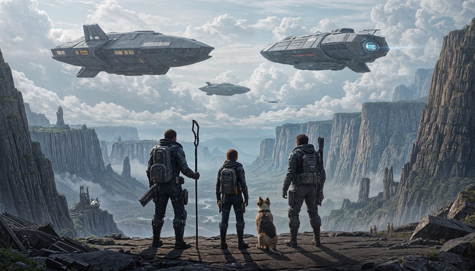 Explorers Watch Giant Spaceships in Sci-Fi Landscape