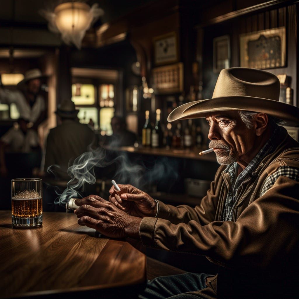 Mysterious Cowboy in a Moody Bar Scene