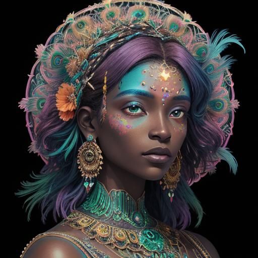 Psychedelic Woman with Peacock Feathers in Mixed Media