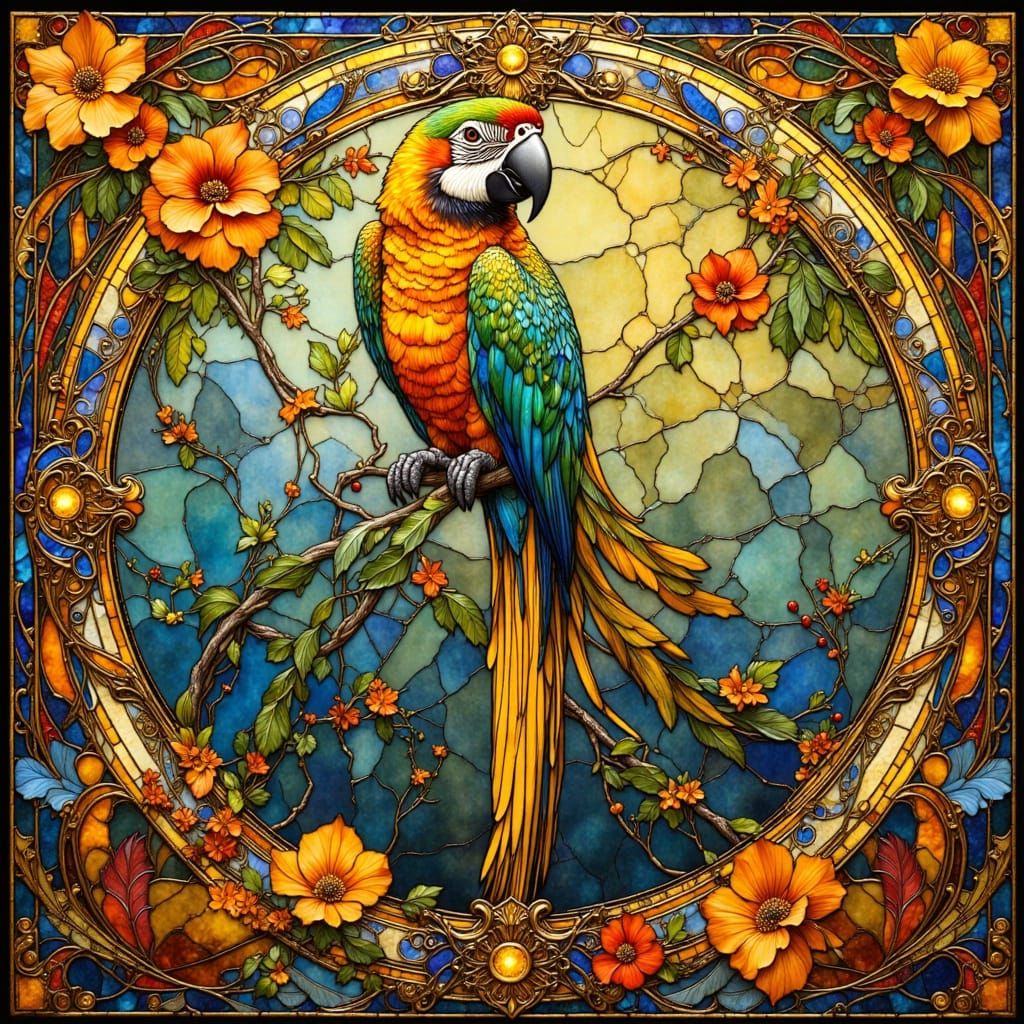 Art Nouveau Parrot with Flowing Organic Forms