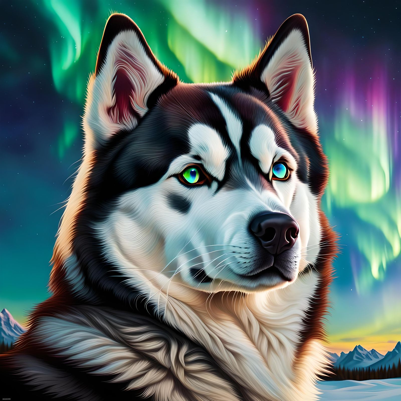 Hyperrealistic Husky Gazing at Northern Lights