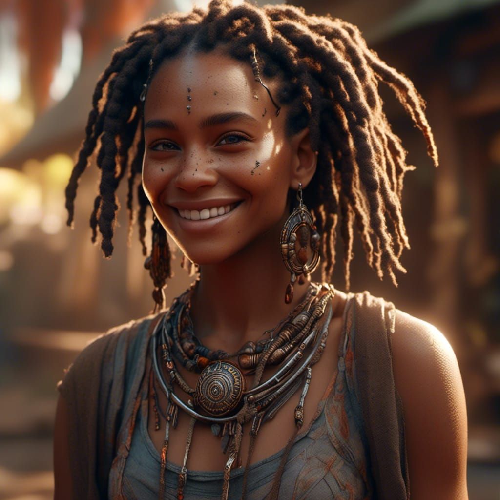 Grinning Woman with Micro Locs: Hyperrealistic Digital Art