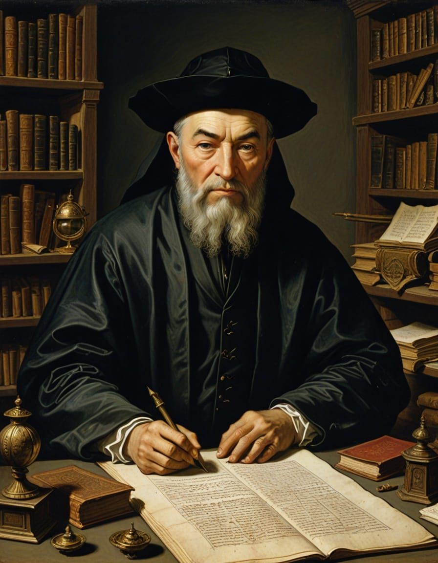 Nostradamus Writing 'Les Propheties' in Dark Room