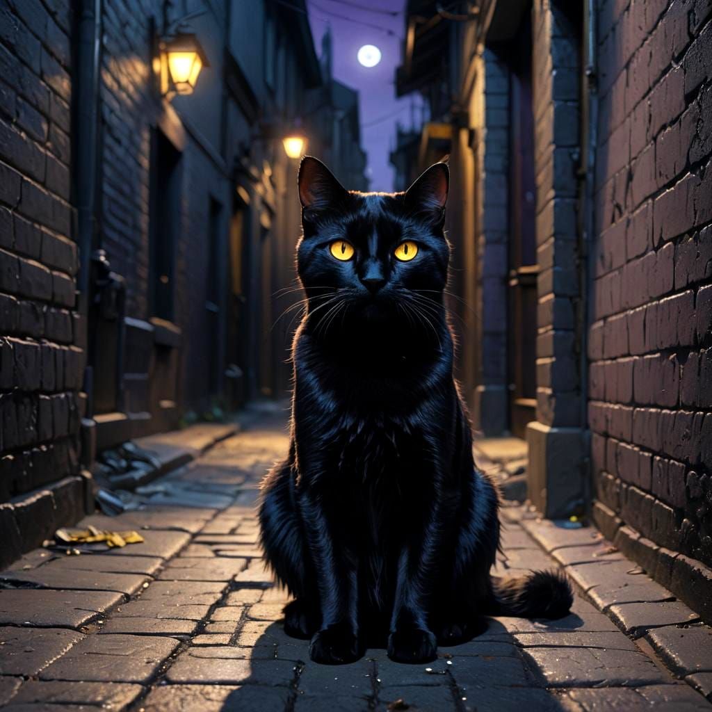Hyperrealistic Haunted Black Cat in Moonlight