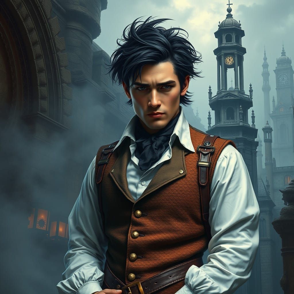 Steampunk Gentleman in Victorian Cityscape