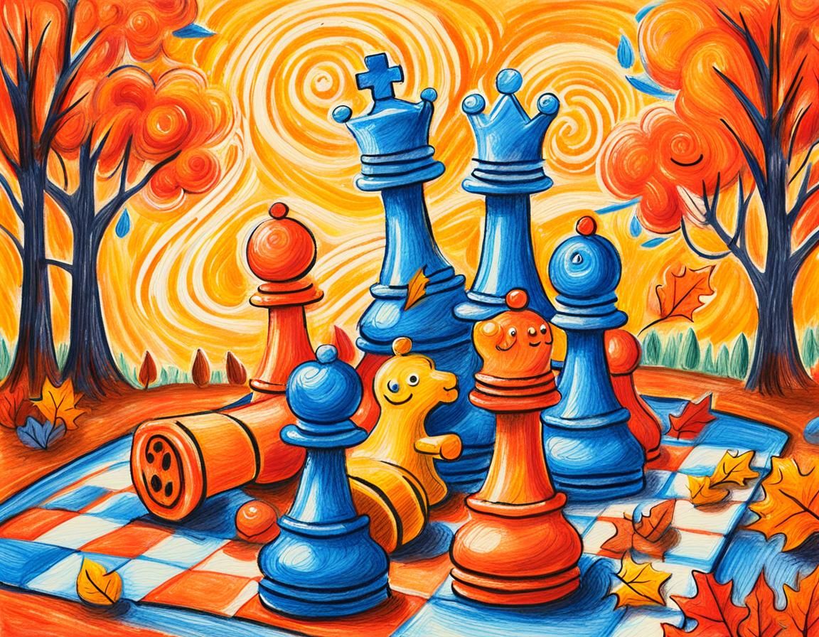 Whimsical Autumn Chess Scene in Childlike Crayon Drawing Sty...