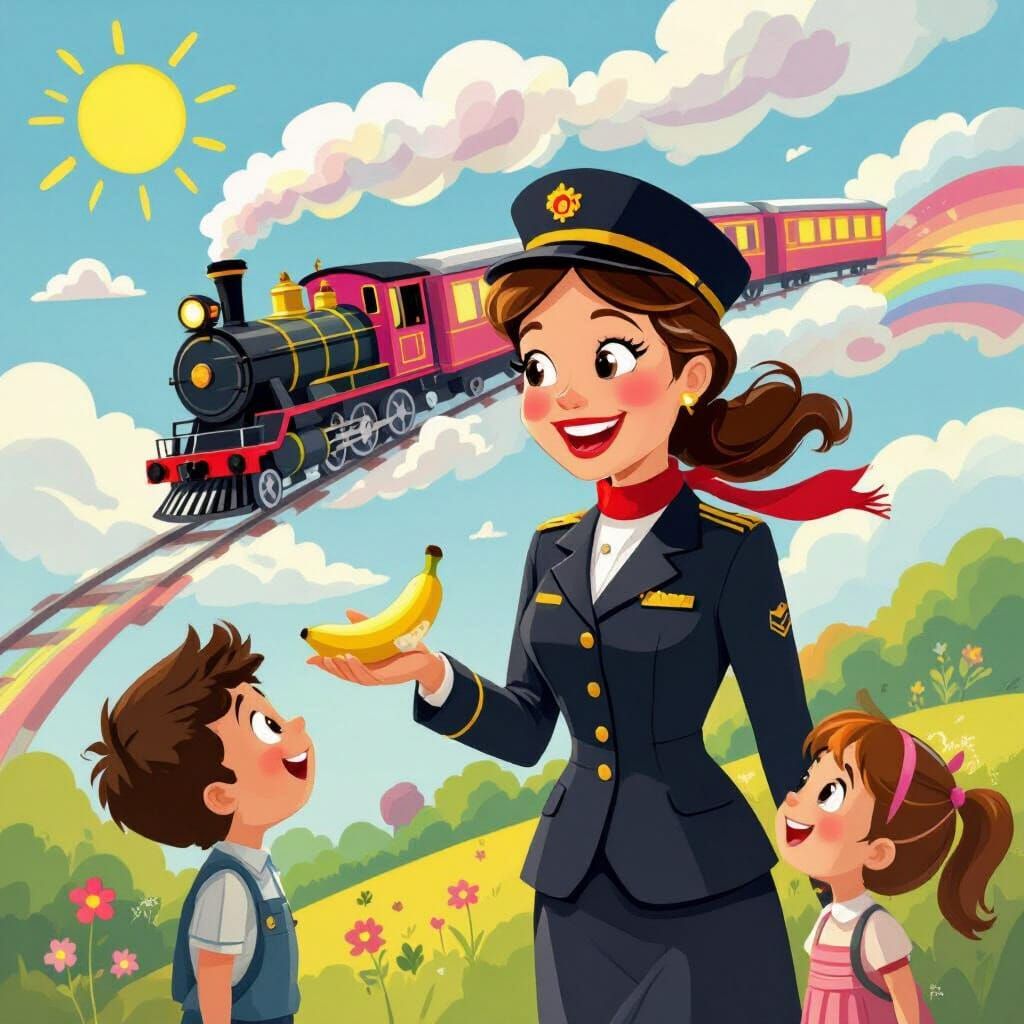 Joyful Children's Book Illustration: Train Conductor Sharing...