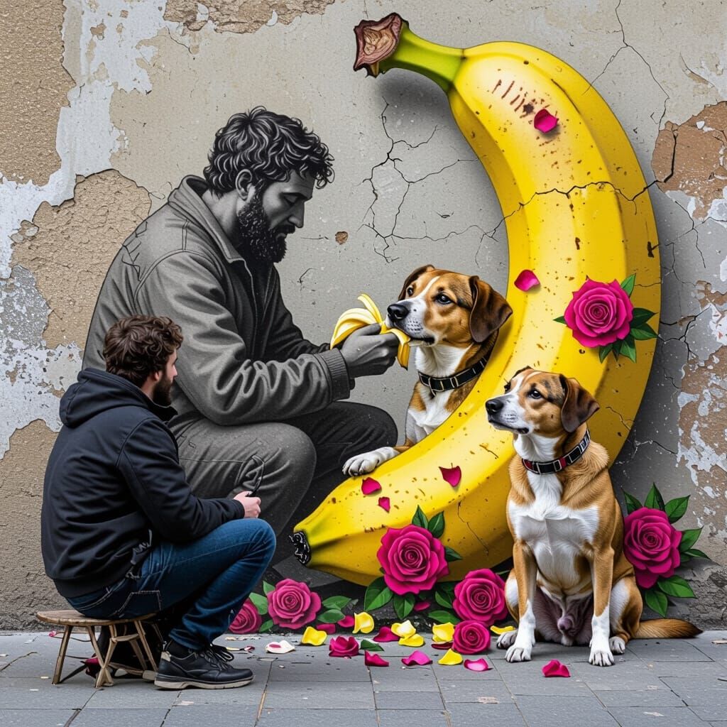 Dürer Style Art: Man Peels Banana, Dog Dissolves into Roses