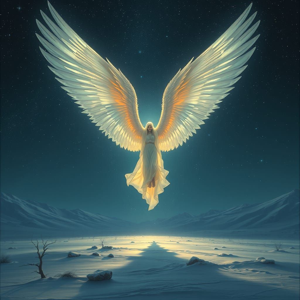 Ethereal Winged Beings Descend on Snowy Landscape