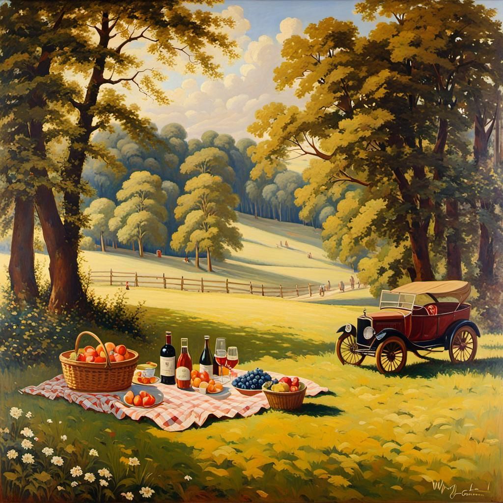 Impressionistic Picnic Scene in Oil on Canvas