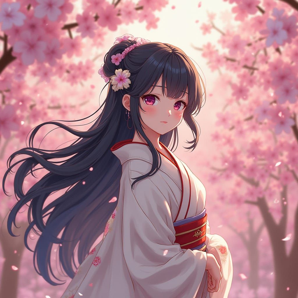 Ethereal Shrine Maiden Amidst Sakura Blossoms in Traditional...