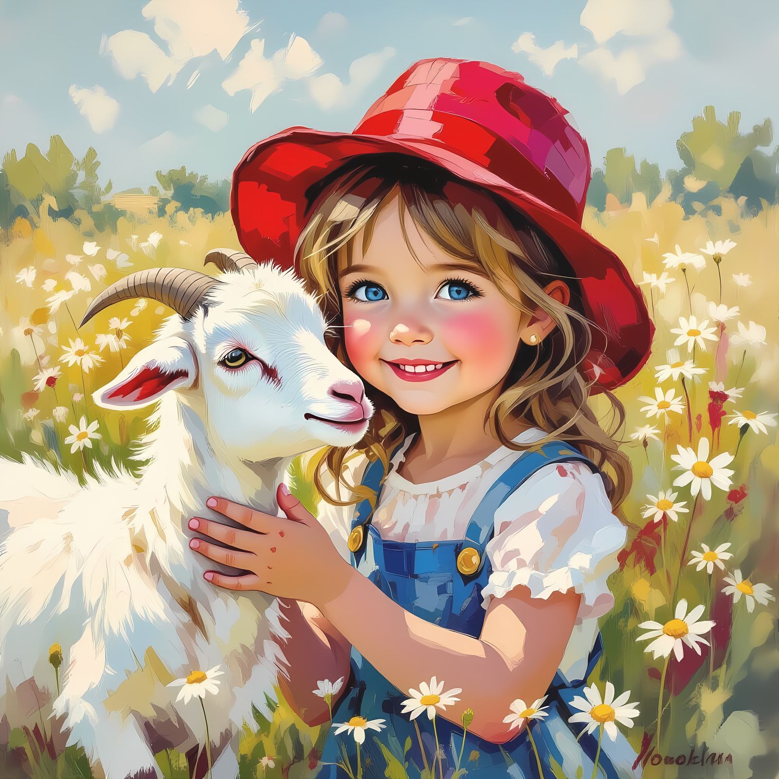 Girl and Goat in Daisies: Impressionist Gouache Painting