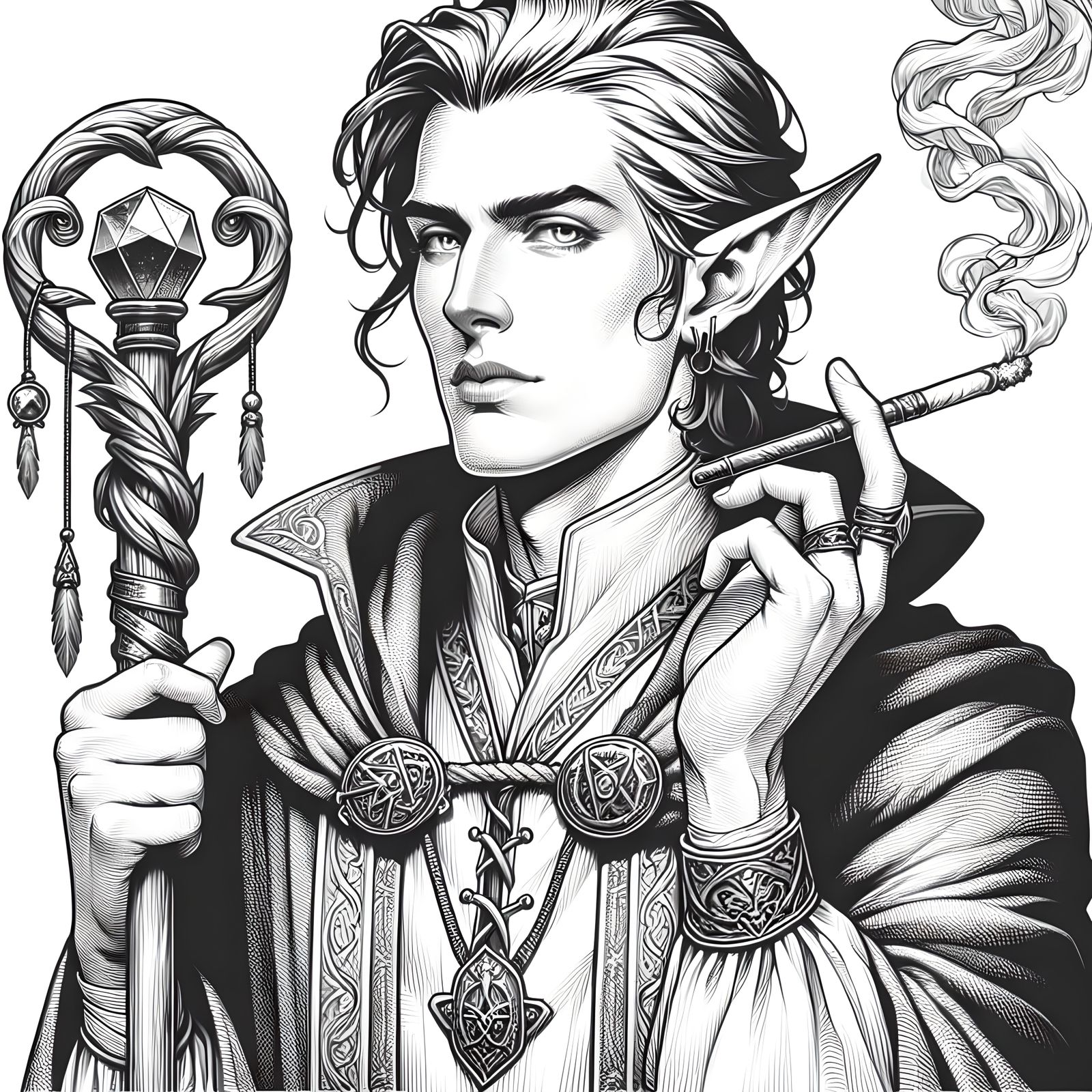Half-Elf Wizard Smoking Cigarette with Magic Staff