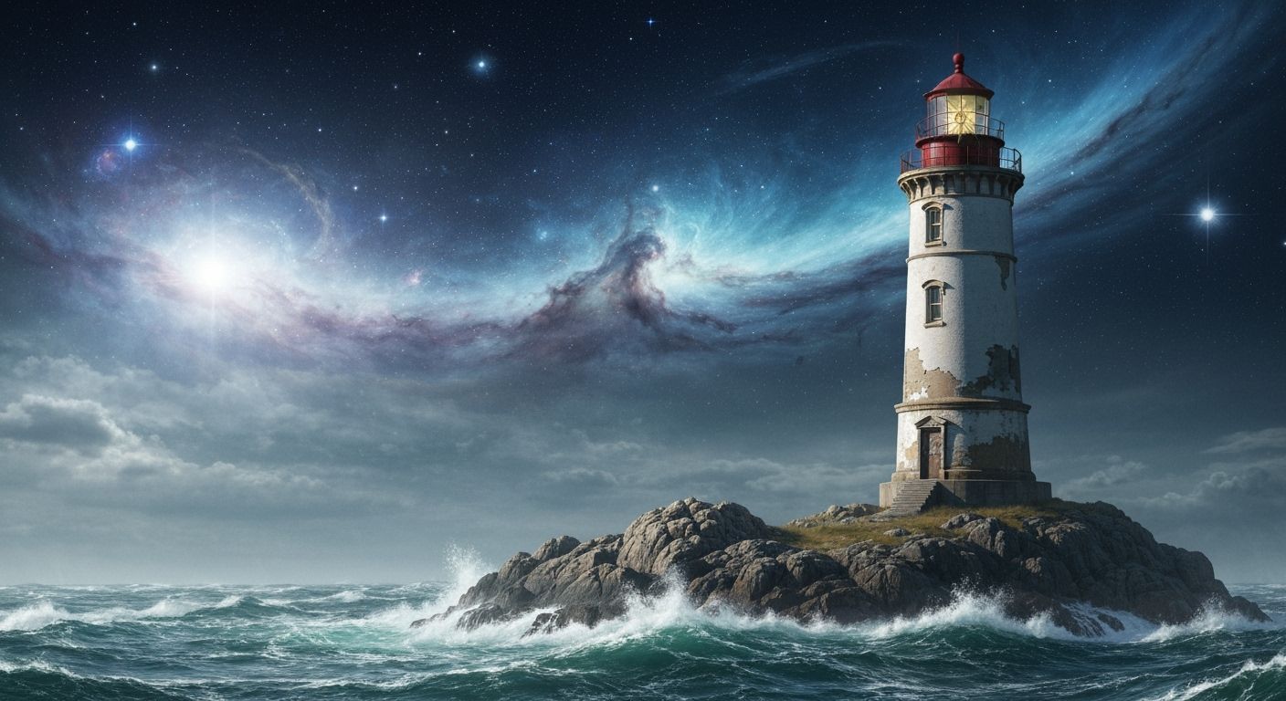 Cosmic Lighthouse Amidst Starry Tempest
