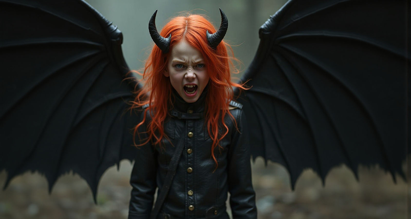 Demonic Boy with Red Hair and Leather Wings