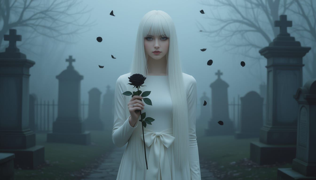 Gothic Beauty with Black Rose in Foggy Cemetery
