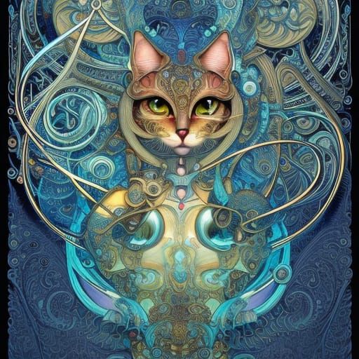 Intricate Ink Illustration of a Mechanical Cat