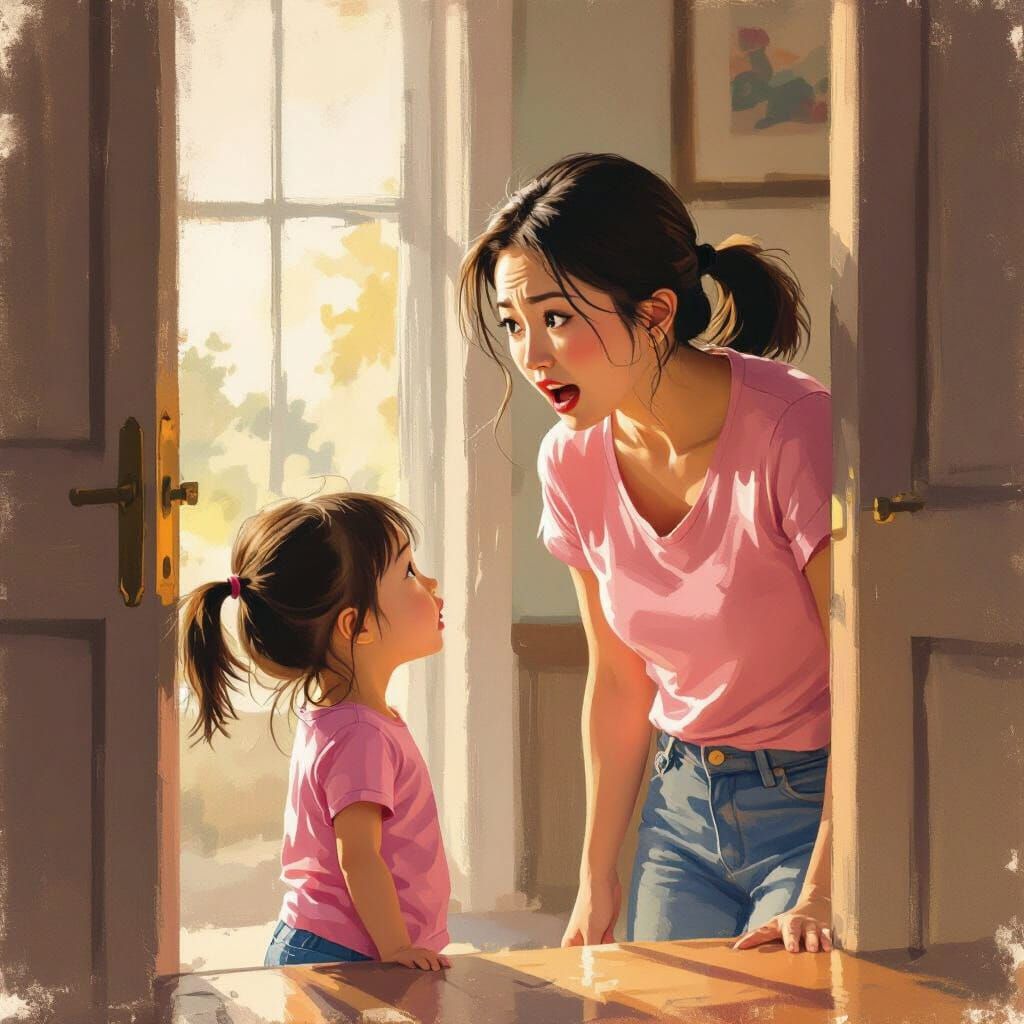 Child's Gaze Meets Mother's Panic in Warm Painterly Scene