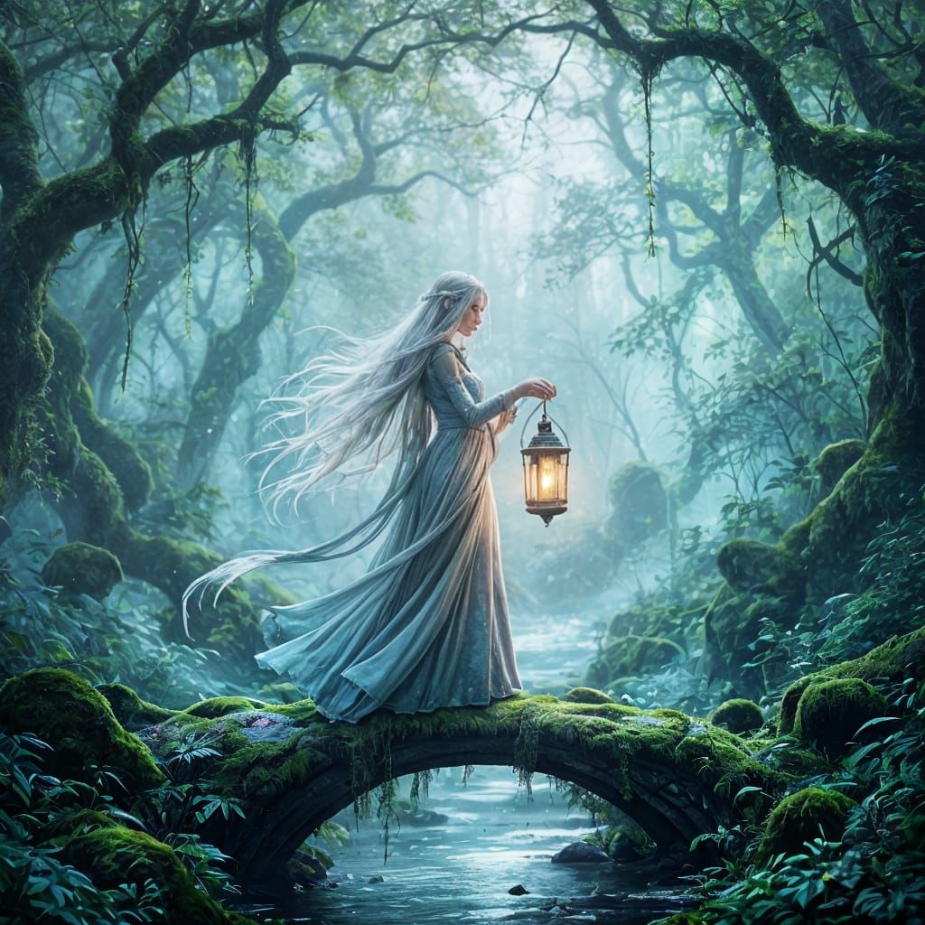 Ethereal Elf with Lantern in Ancient Forest