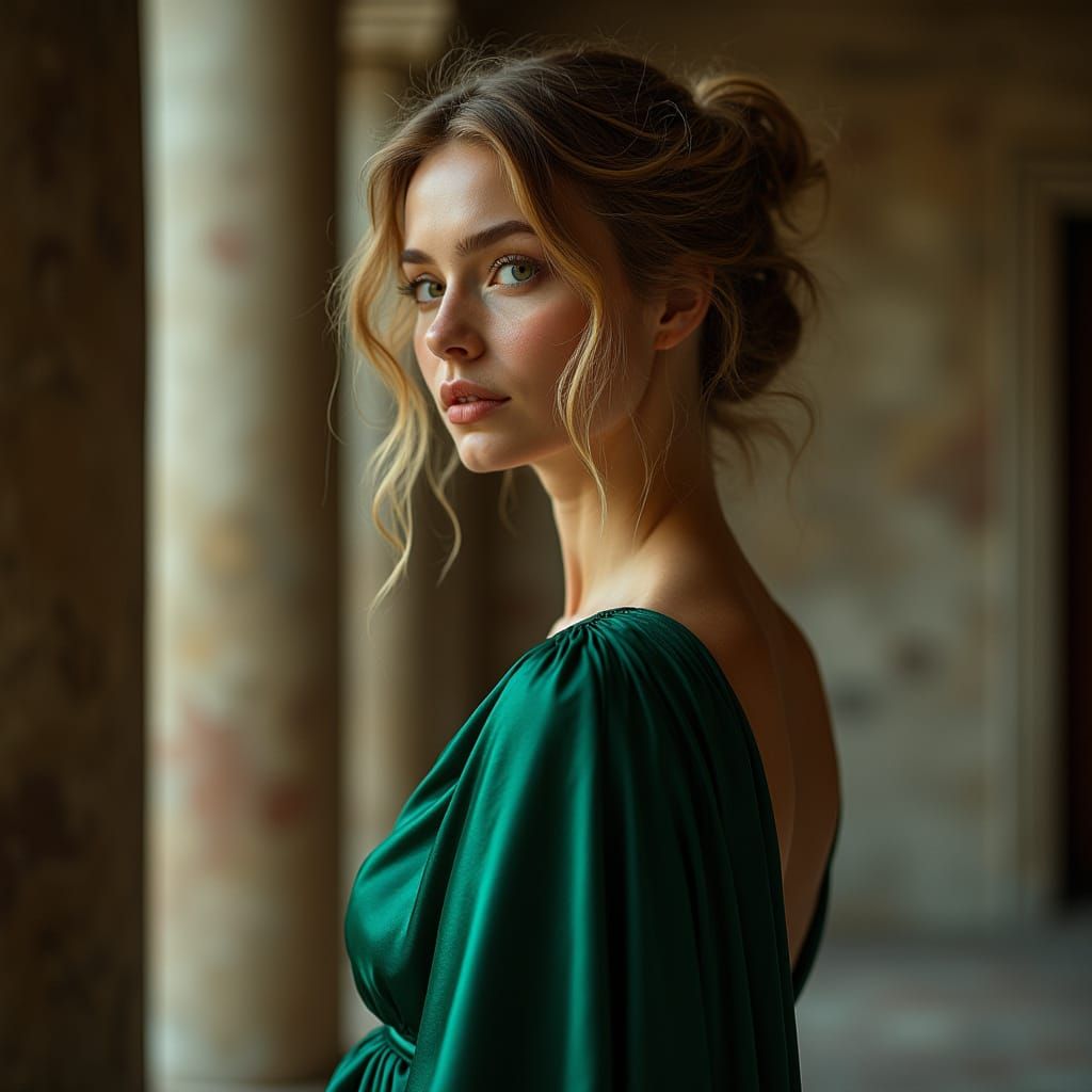 Elegant Woman in Emerald Green Robe