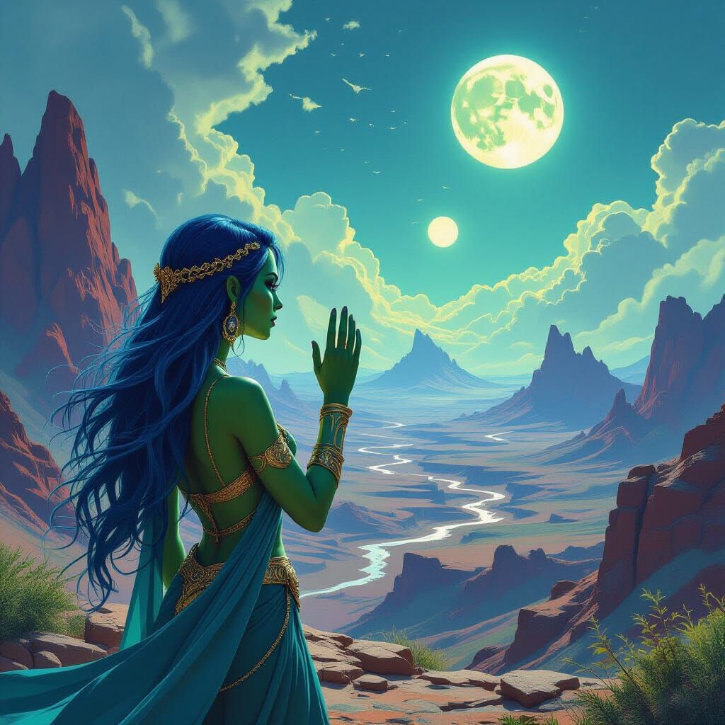 Green-Skinned Woman with Blue Hair Scans Alien Landscape