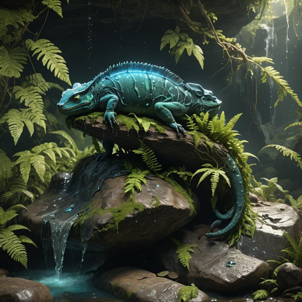 Bioluminescent Gecko Chameleon in a Cave Waterfall