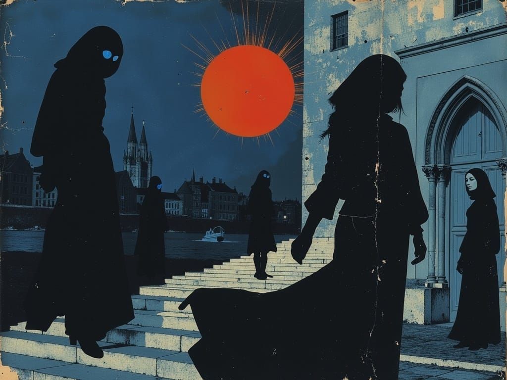 Ethereal Dancer in Dystopian Cathedral, Art Nouveau Style