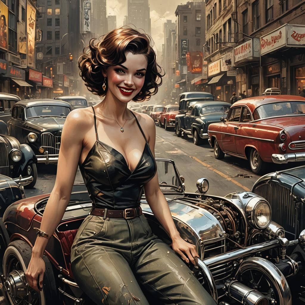 Hot Rod Pinup Comic Art in Detailed Matte Style