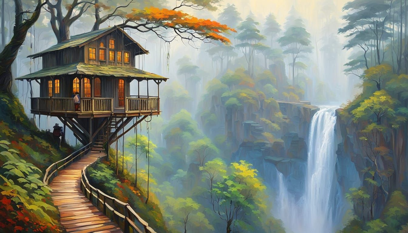 Ethereal Rainforest Treehouse with Waterfall in Autumn Mist