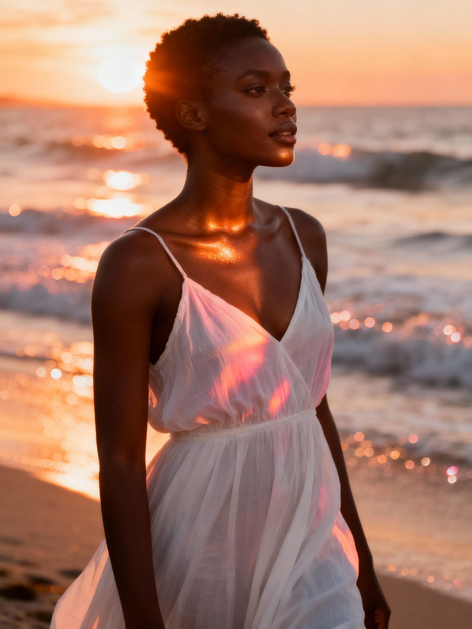 Elegant Black Woman at Sunset, Photo Realistic Portrait