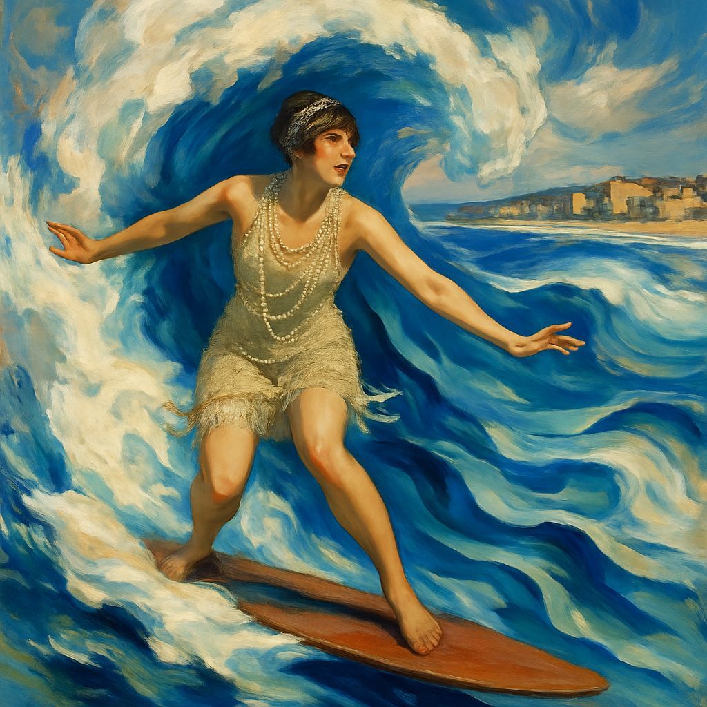 Flapper Surfing at Bondi Beach in Art Deco Style
