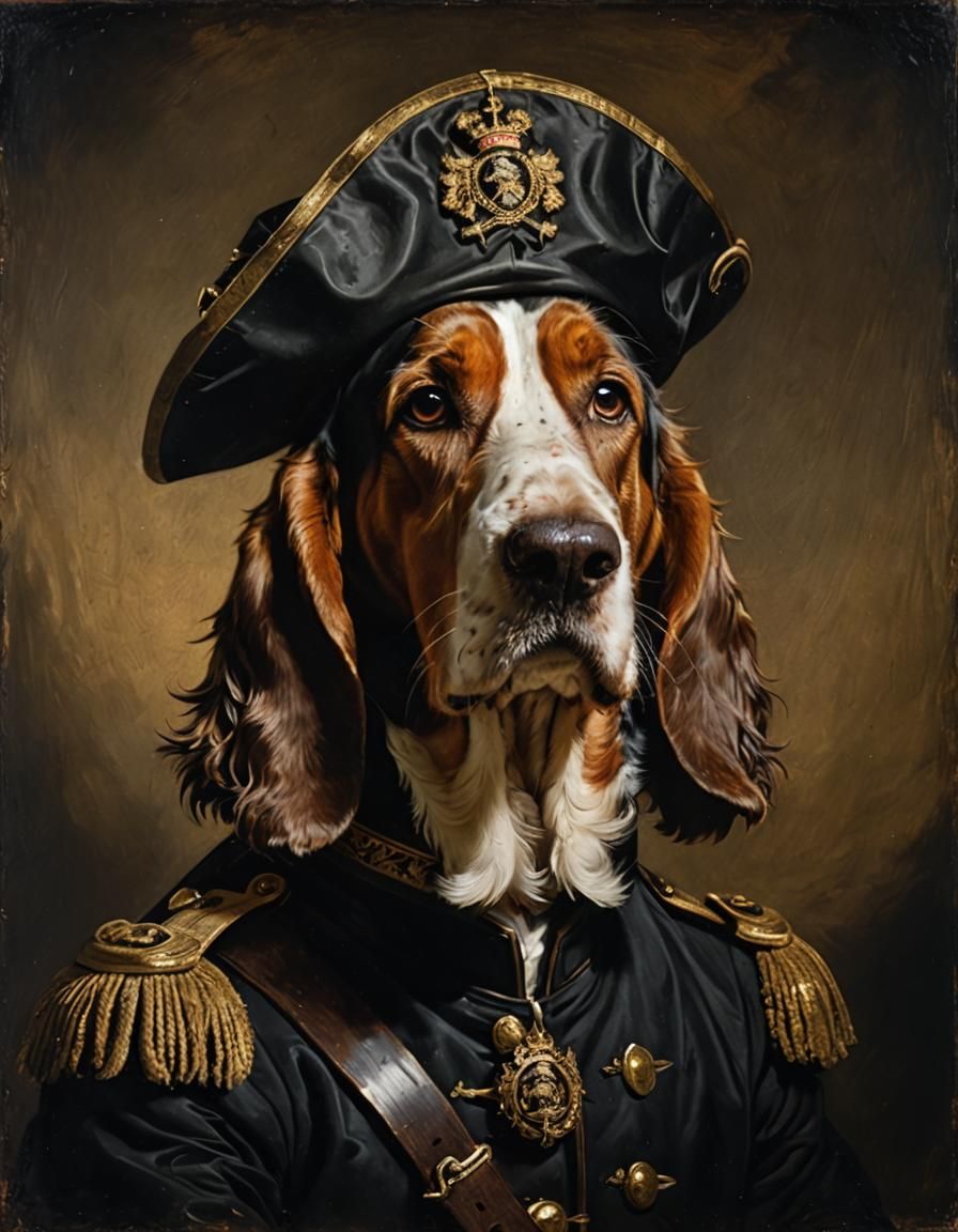 Basset Hound Portrait in Military Uniform