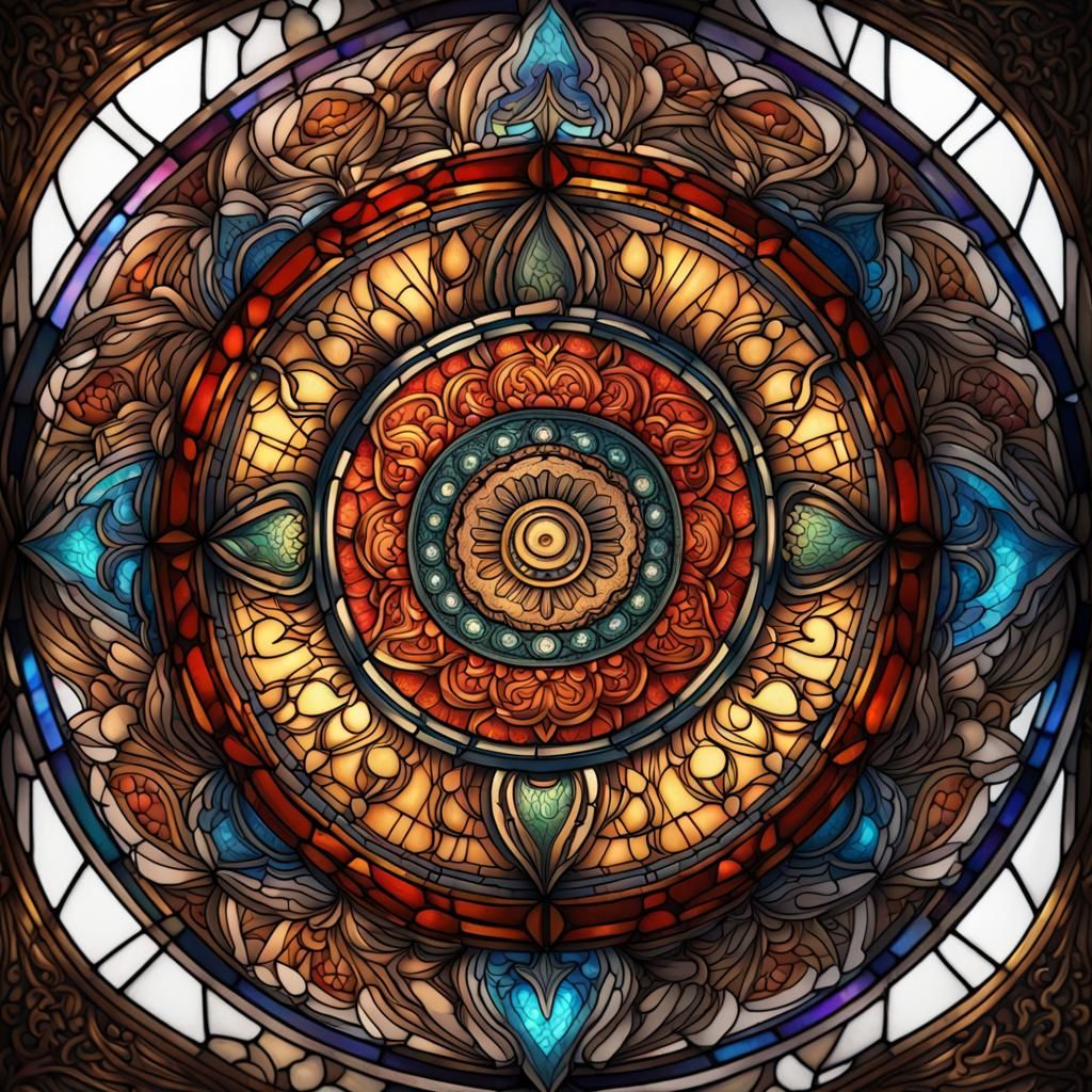mandala intricately detailed hyperdetailed Unreal Engine 5 stained glass tattoo heavenly deep rich brilliant colors that...