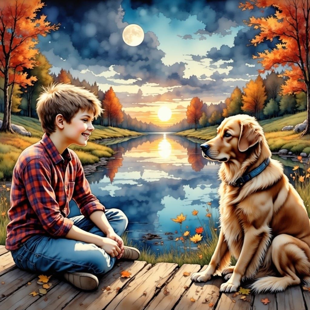 Boy and Dog Under Autumn Moon in Painterly Style