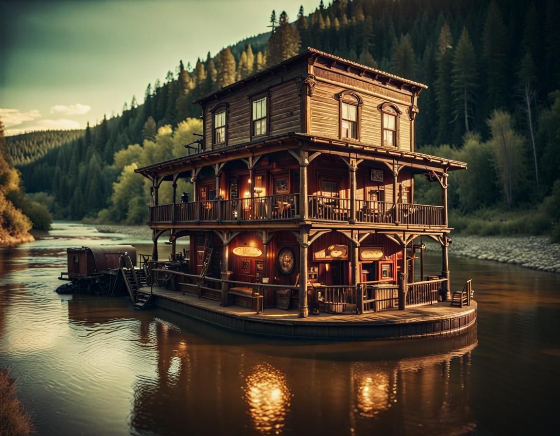 Western Saloon on River: Cinematic Film Still