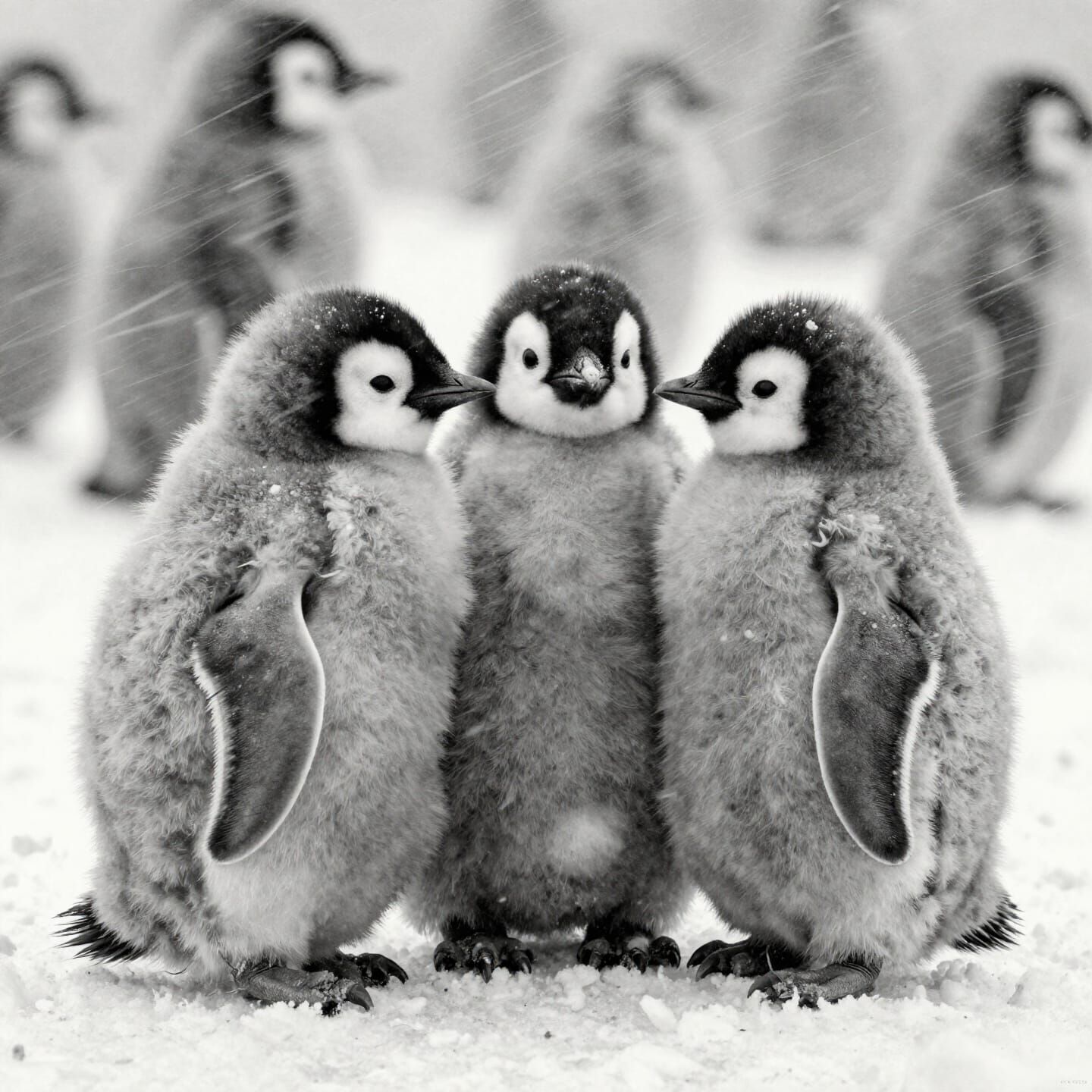 Three Fluffy Penguin Chicks Huddled in Snowstorm