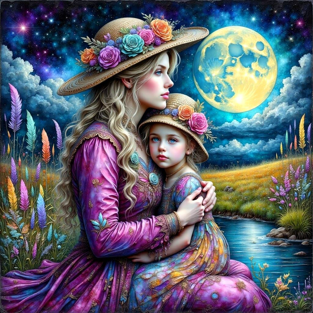 Watercolor Portrait: Mother and Daughter in Cosmic Landscape