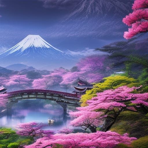 Springtime Japan Mountain Range Digital Painting