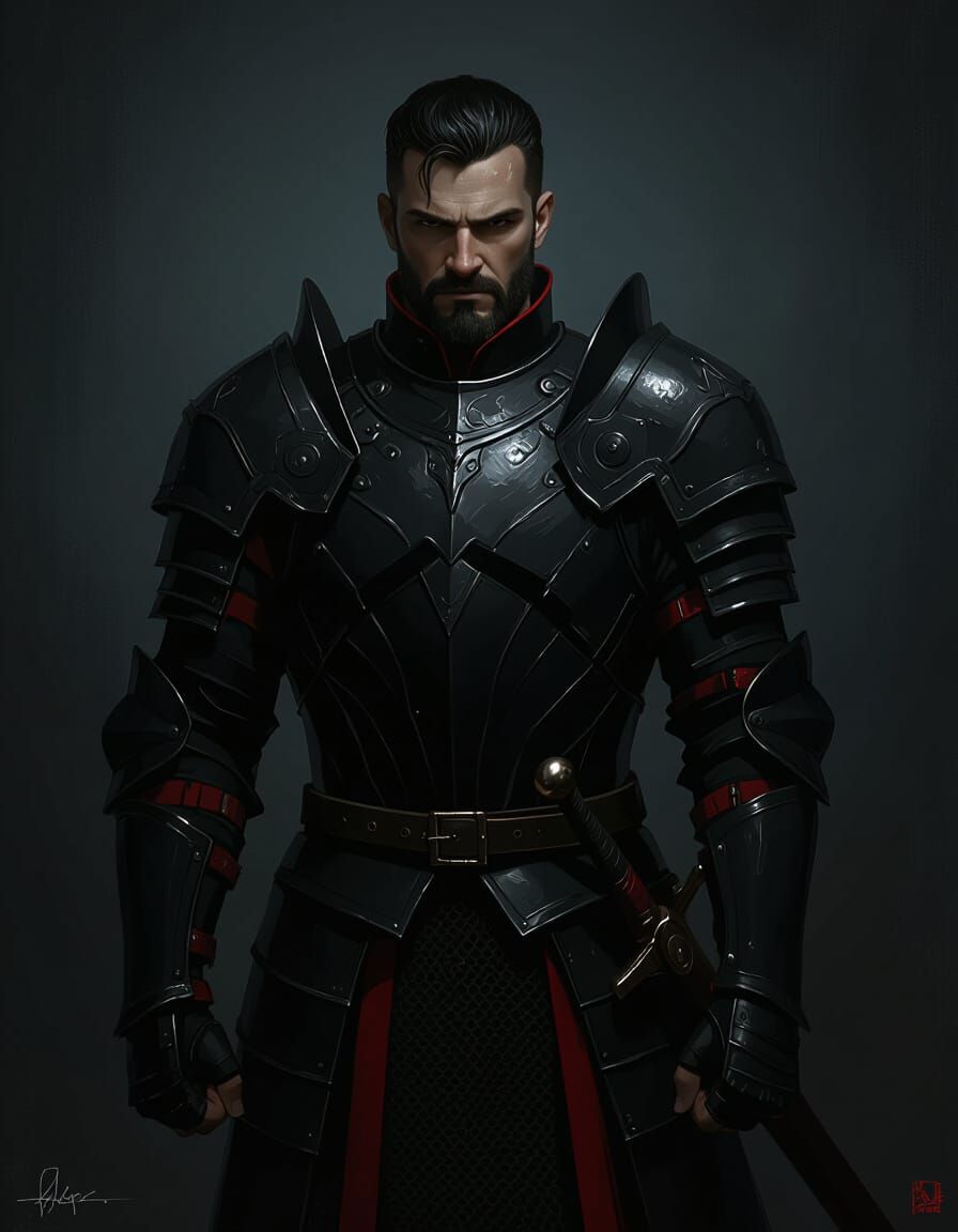 Stern Warrior in Black Armor with Red Trim