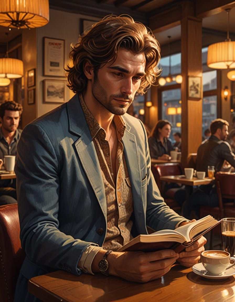 Handsome Man Reading in Cafe with Golden Hour Light