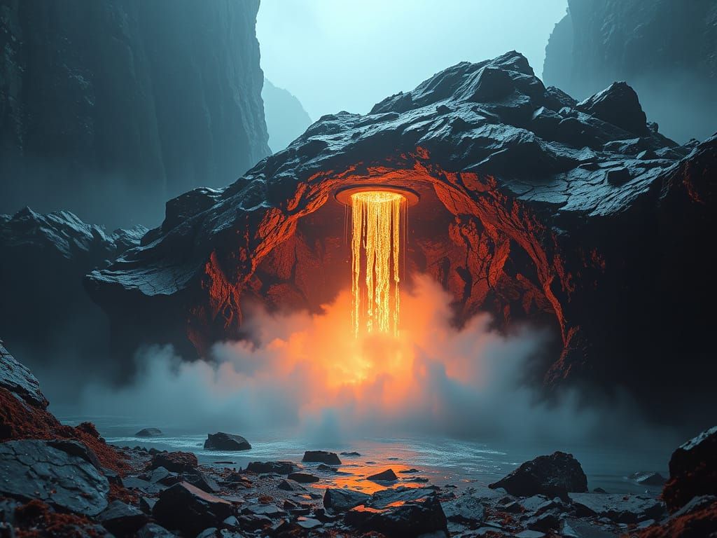 Surreal Hyperrealistic Portal Blooms from Obsidian Island in...