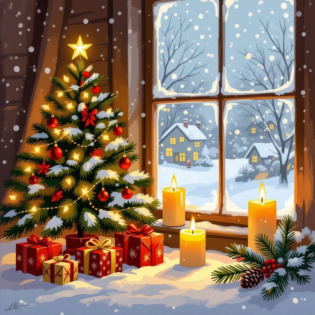 Cozy Christmas Card Illustration with Folk Art Style