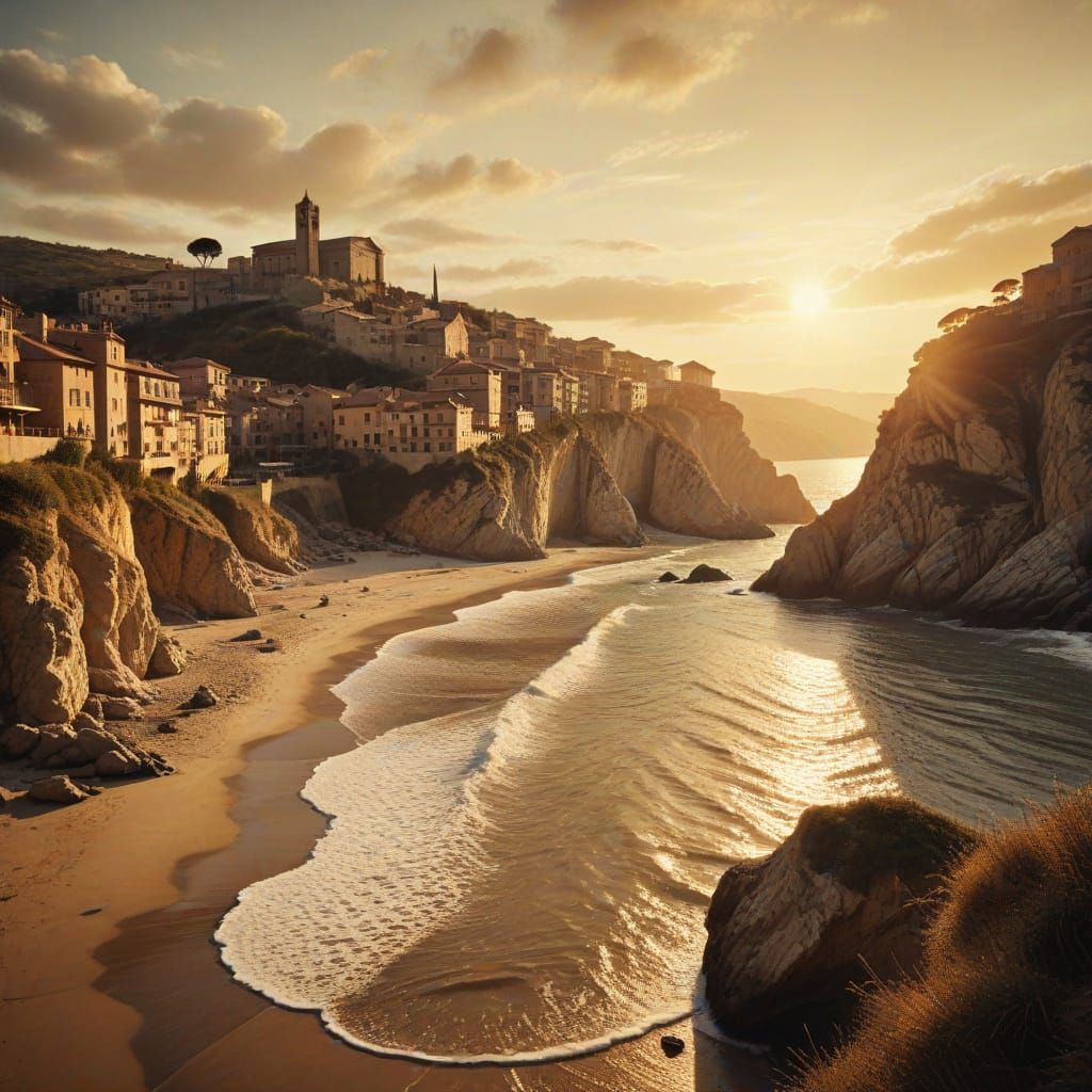 Golden Hour Sunset Over Sopelana, Spain: Vintage Postcard