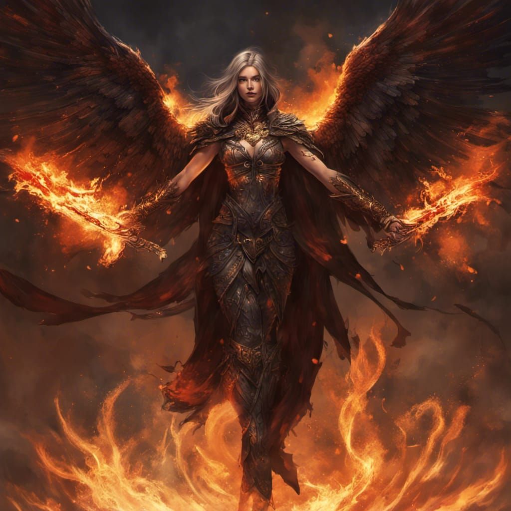 Fallen Aasimar: Fire-Wielding Deity in Dark Fantasy Art