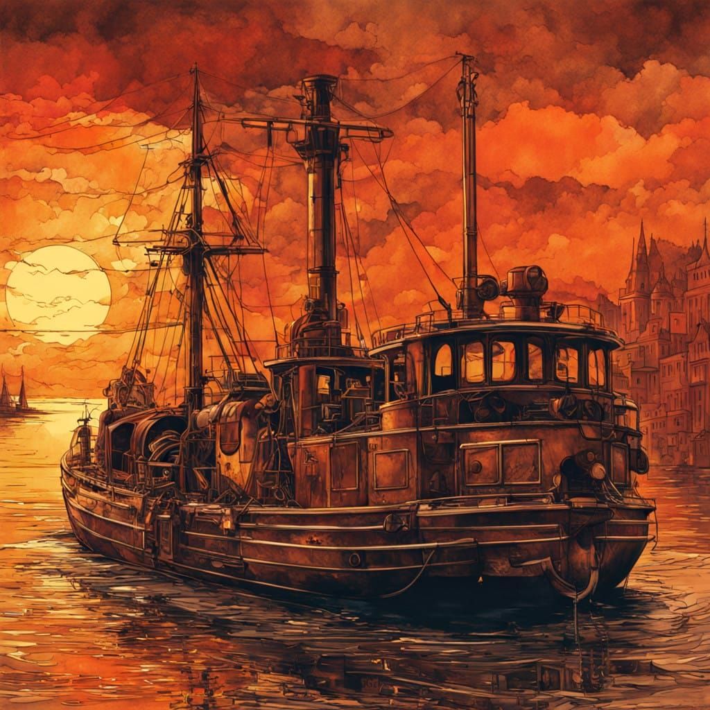 Steampunk Sailboat Under Orange Sunset