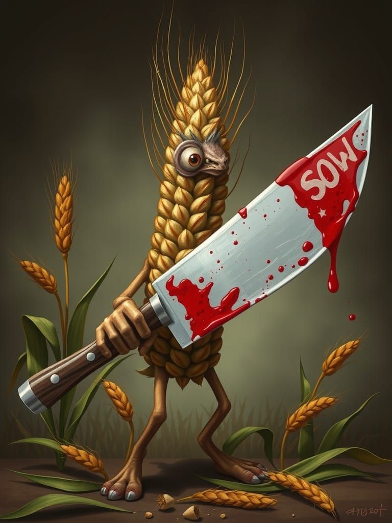 Menacing Wheat Character with Butcher Knife