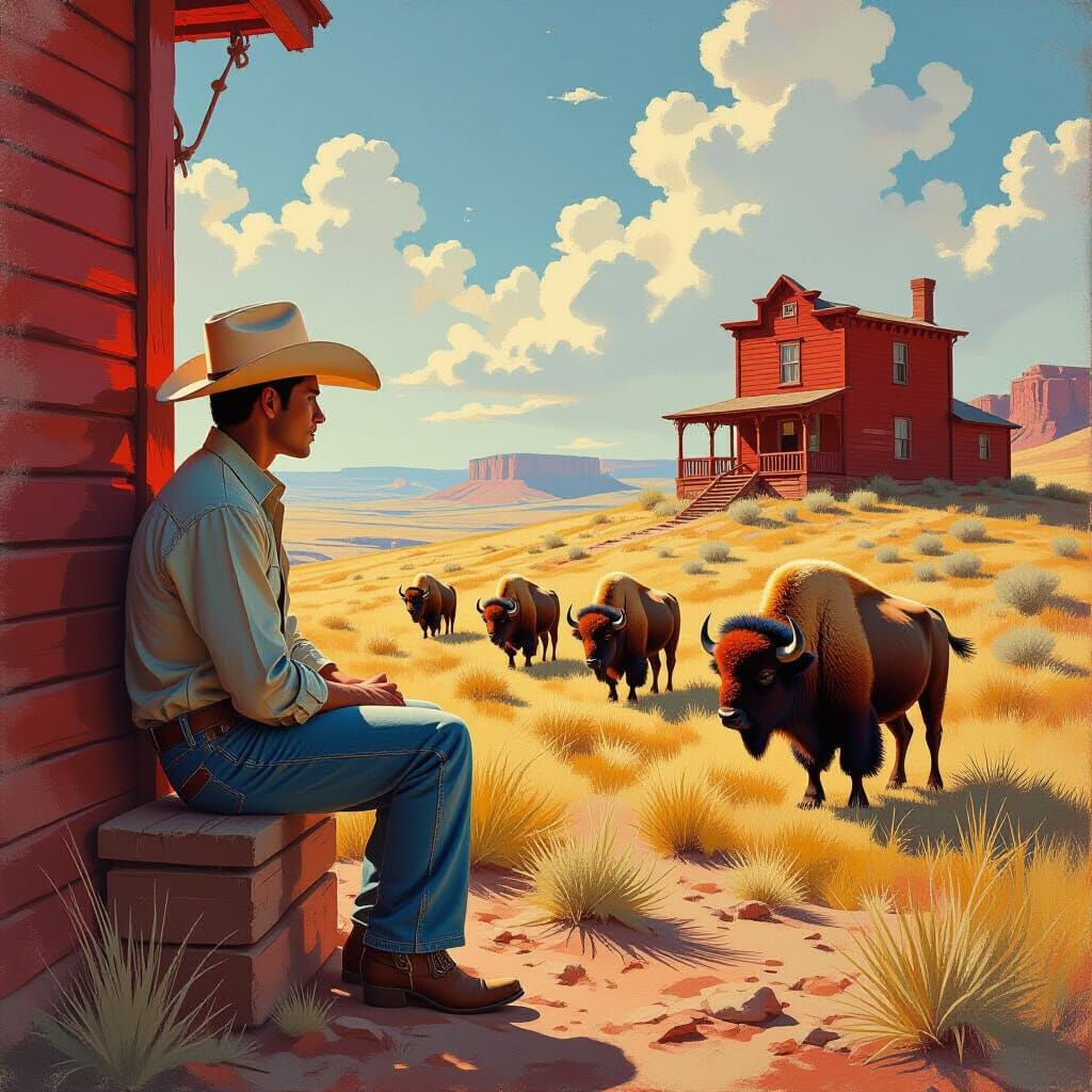 Impressionist Cowboy with Princess in Dreamy Red Hill Town